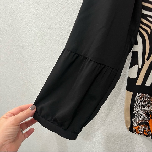 Chico's Red Orange Black Geometric Zebra Patchwork Pullover Blouse Top L Art - Picture 4 of 6